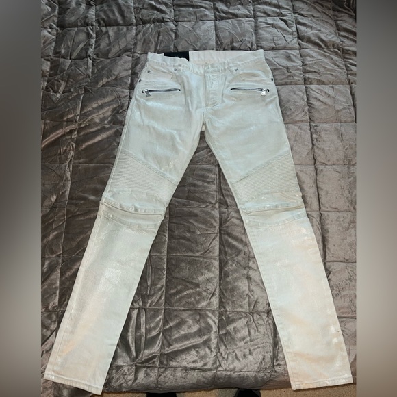 Balmain Reflective White Zipper Slim Jeans - Picture 1 of 8